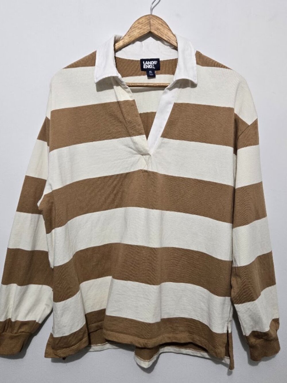 Lands End Womens Brown Striped Rugby Polo Shirt Sz XL Long Sleeve Collared Prep